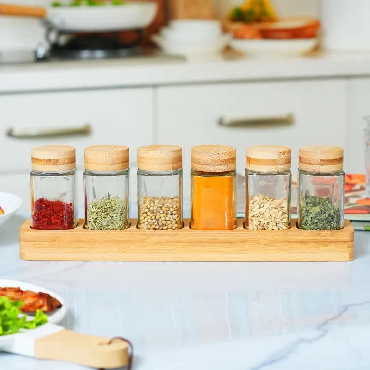 Bamboo spice rack and glass jars with bamboo lid