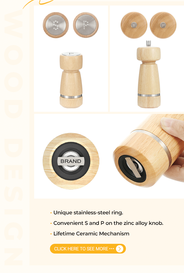 wood salt and pepper grinder with stainless steel ring decoration