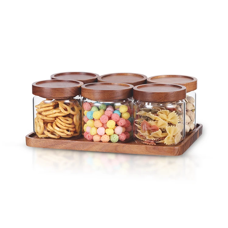 Glass and Wood Food Storage Jars Set #88229002